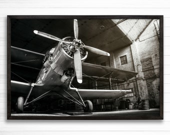 May include: A black and white photograph of a vintage airplane in a hangar. The airplane is facing the camera with its propeller in the foreground. The hangar is made of brick and has a large, open doorway.