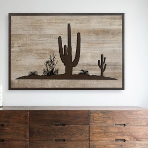 Carved Desert Scene Picture | Wood Wall Art | Cactus Wall Decor | Living Room Bedroom Office Kitchen Entryway Lobby Decor