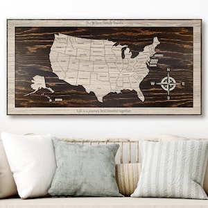 US Push Pin Map to mark travels - Wood wall art -  Carved wooden map with state lines - Pin by hand - Personalize - Wedding anniversary gift