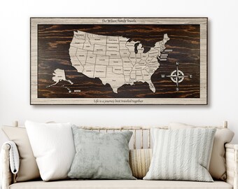 US Push Pin Map to mark travels - Wood wall art -  Carved wooden map with state lines - Pin by hand - Personalize - Wedding anniversary gift