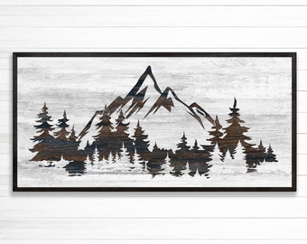 Wood framed mountain wall art - Cabin and nature scene art - Anniversary gift idea - Lightweight and comes ready to hang