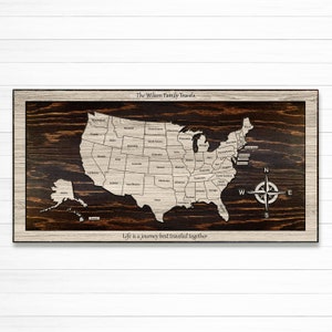 US Push Pin Map to mark travels - Wood wall art -  Carved wooden map with state lines - Pin by hand - Personalize - Wedding anniversary gift