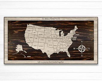 US Push Pin Map to mark travels - Wood wall art -  Carved wooden map with state lines - Pin by hand - Personalize - Wedding anniversary gift