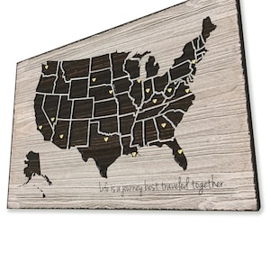 Anniversary gift for travel - Push pin map of USA - US push pin map to mark travels - Carved wooden map