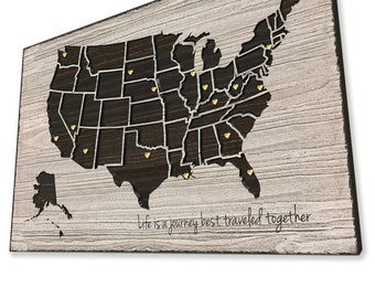 Anniversary gift for travel - Push pin map of USA - US push pin map to mark travels - Carved wooden map