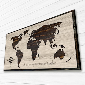 World map wall art - Wood wall art - Push pin map of world - Carved wooden map - 5th anniversary gift for husband or wife