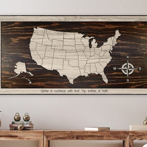 US Push Pin Map to mark travels - Wood wall art -  Carved wooden map with state lines - Pin by hand - Personalize - Wedding anniversary gift