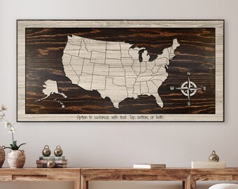 US Push Pin Map to mark travels - Wood wall art -  Carved wooden map with state lines - Pin by hand - Personalize - Wedding anniversary gift