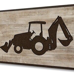 May include: A brown silhouette of a tractor with a backhoe on a woodgrain background. The tractor is facing the right side of the image. The backhoe is raised up in the air.