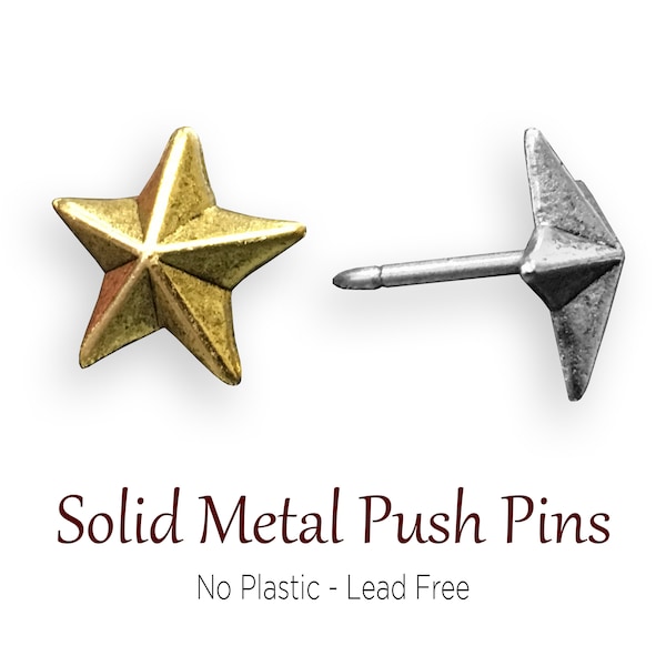 Gold & Silver Star Push Pins, Push Pin of Star, Golden Antique Thumbtack, Nickel, Solid Metal No Plastic, Record Keeping