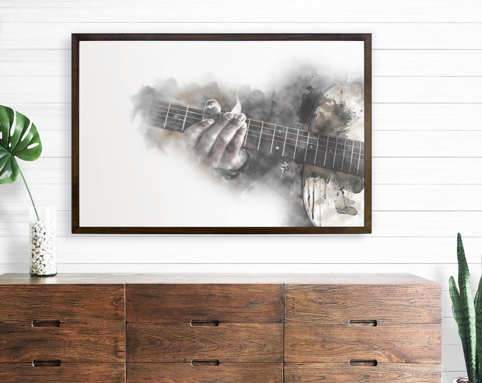 Man Playing Acoustic Guitar | Abstract Guitar Wall Art | Framed Canvas Print Decor | Musician | Gift idea for Guitarist | Watercolor Art