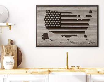 Carved | American Flag Art | Patriotic Quote Sign | US Map Art | Home of the Free because of the Brave | Carved Wood Wall Art