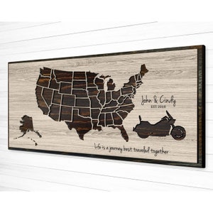 Carte des États-Unis avec punaises - carte de voyage en moto - carte en bois sculpté - texte personnalisé - idée cadeau d'anniversaire - carte encadrée des États-Unis