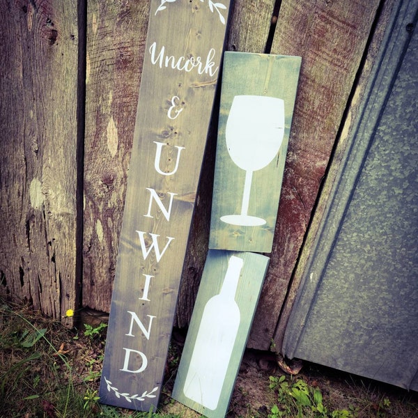 Farmhouse UnCork & Unwind Sign - Wooden Rustic Wine Wineglass Decor, Greetings Welcome Sign, Wineglass - Asst Colors