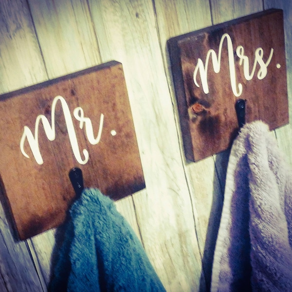 Farmhouse Mr. Mrs. Wall Hook Set - Rustic Towel Hook, Towel Rack, Farmhouse Decor, Personalized Wall Storage - Asst Colors