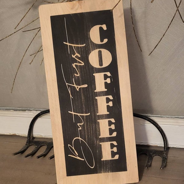 Farmhouse But First Coffee Greetings Welcome Sign - Wooden Rustic Decor, Vertical Welcome Sign - Faux Frame Sign
