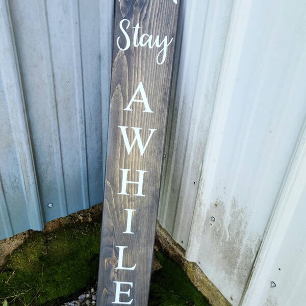 Farmhouse Stay Awhile Welcome Sign - Wooden Rustic Decor, Front Door Porch Entryway Vertical Welcome Sign