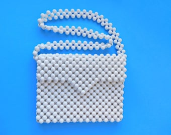 Vintage 60s 70s Mod White Beaded Purse Small, Round Plastic Beads With Strap