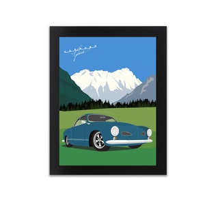 May include: A blue vintage car with a white roof and chrome accents is parked in a grassy field with a mountain range in the background. The text "KARMANN Ghia" is written in cursive above the car.