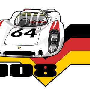 May include: A white Porsche 908 race car with the number 64 on the hood, against a German flag background.