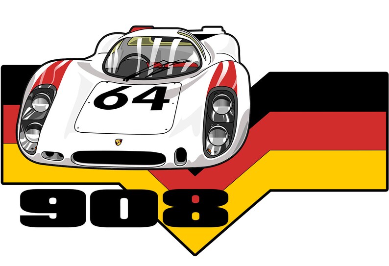 May include: A white Porsche 908 race car with the number 64 on the hood, against a German flag background.