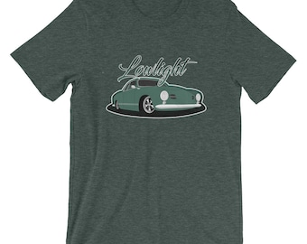 May include: A dark green t-shirt with a vintage car illustration and the text "Lowlight" in a white cursive font.
