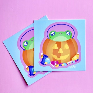 Halloween Frog Postcard | Jack O Lantern Art Print | Cute Halloween Art | Kawaii Frog Print | Cute Frog Print | Kawaii Halloween Art Print