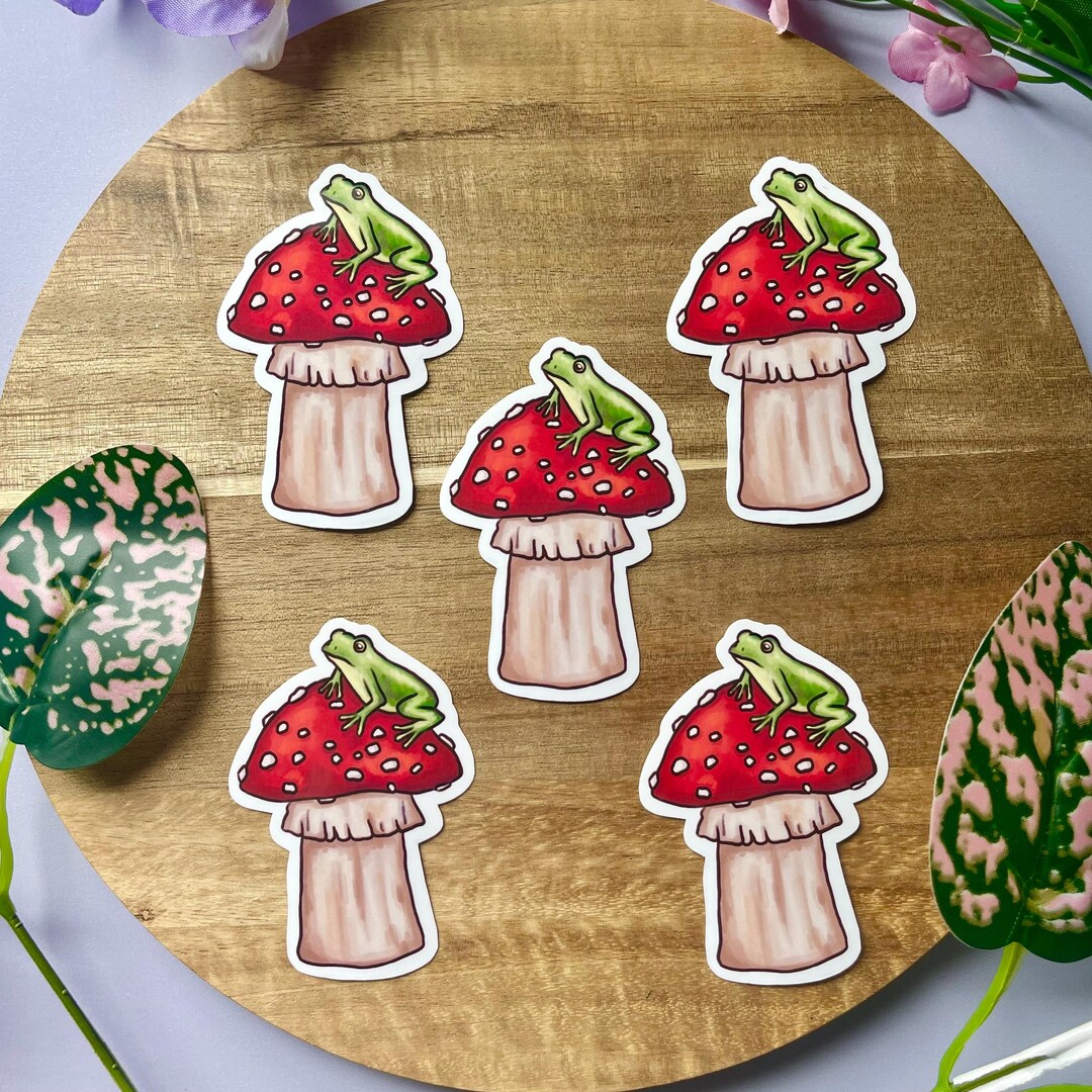 Frog on Mushroom Sticker | Whimsical Vinyl Sticker Decal - Etsy