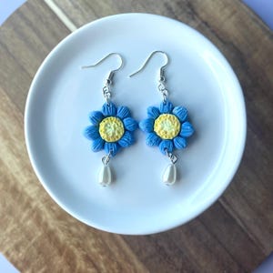 Blue Flower Earrings | Floral Dangle Earrings | Floral Earrings | Dangle Earrings | Flower Earrings with Pearl Charm | Polymer Clay Earrings