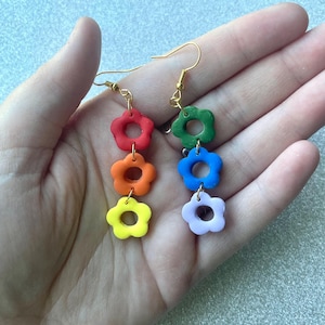 Rainbow Flower Earrings | Rainbow Dangle Earrings | Rainbow Earrings | Pride Earrings | Polymer Clay Earrings | Polymer Clay Jewelry
