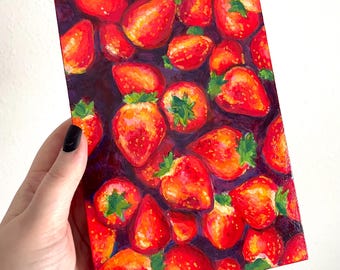 Original Strawberry Still Life Painting: Bright Acrylic Food Art