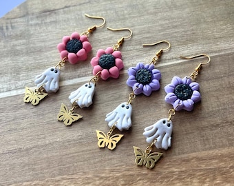 Floral Ghost Earrings, Fall Floral Earrings, Ghost Earrings, Halloween Ghost Earrings, Halloween Earrings, Spooky Ghost Earrings