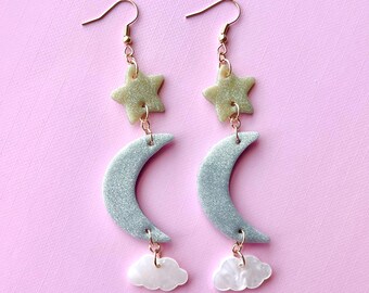 Silver and Gold Moon and Star Earrings | Silver Moon Glitter Earrings | Sparkly Moon and Star Earrings | Polymer Clay Earrings