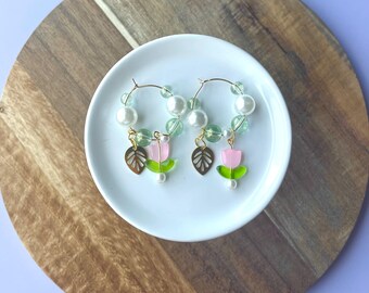 Cottagecore Floral Hoop Earrings: Handmade Tulip Charm Jewelry