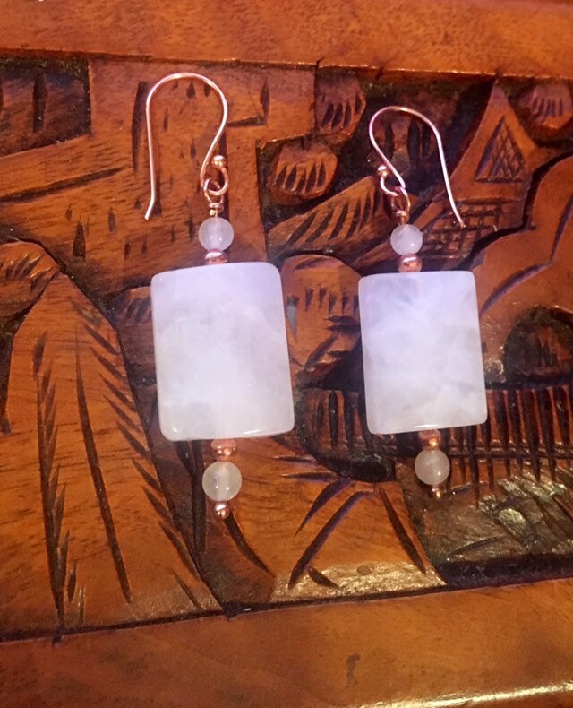 Earrings Rose Quartz Drop Large Rectangle