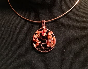 Tree of Life, Carnelian pendant, Antique Bronze and Copper wire weave Pendant, Handmade, Gift for her,