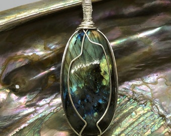 Labradorite Pendant. Natural Labradorite cabochon, Large Oval Pendant, Silver craft wire, Hand crafted, Gift for her Genuine gemstone