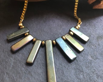 Necklace, Bib necklace, Gold coloured Hematite bar Necklace, Hematite necklace, Handmade, Only one available, One off design,