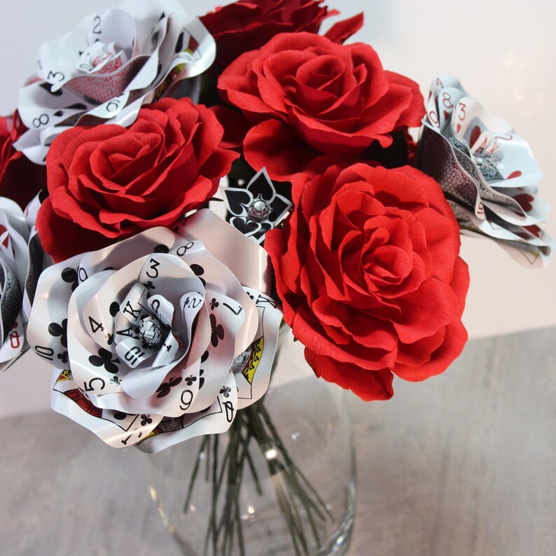 Dozen Paper Roses 6 Crepe Paper Flowers 6 Playing Card Etsy - image 0