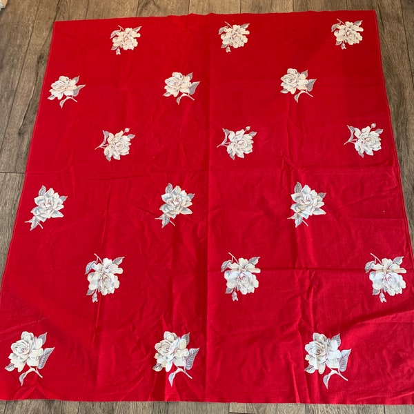 Vintage Wilendur Tablecloth Red with White Roses 1940s-1950s Midcentury