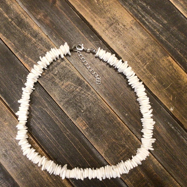 Adjustable, Natural puka shell, organic mother of pearl, square chip seashell necklace.