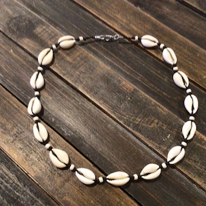 Cowrie shell, seed bead, tropical choker necklace. Brown, white or black cord. image 4