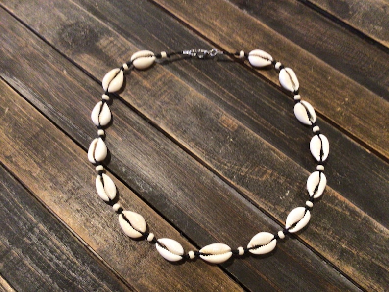 Cowrie shell, seed bead, tropical choker necklace. Brown, white or black cord. image 4