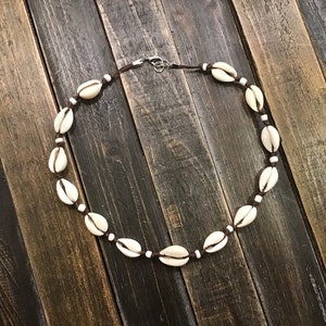 Cowrie shell, seed bead, tropical choker necklace. Brown, white or black cord. image 1