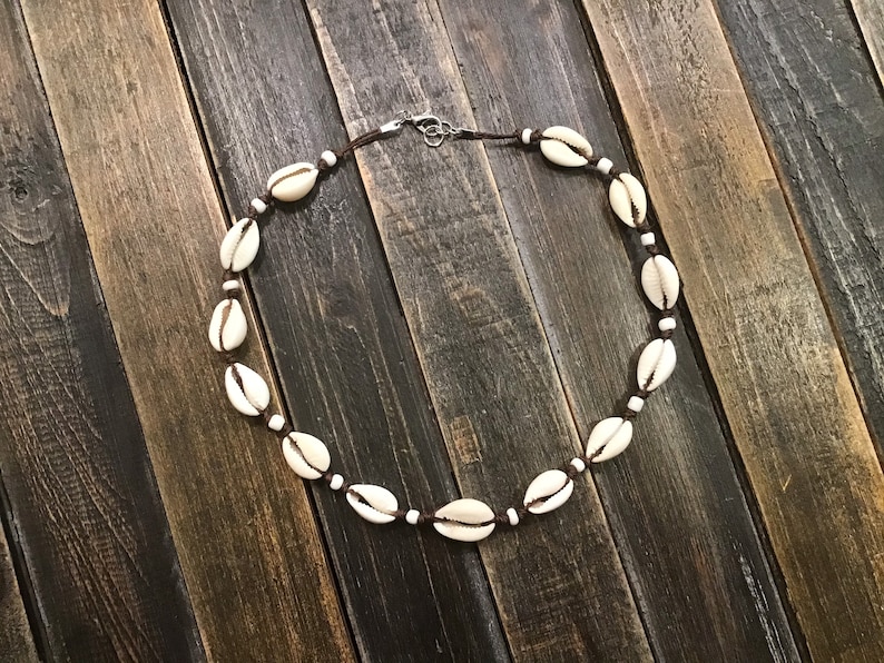 Cowrie shell, seed bead, tropical choker necklace. Brown, white or black cord. image 1