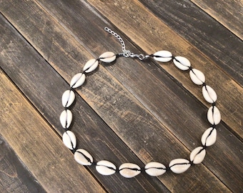 Gray toned, cowrie shell, black cord, choker, necklace