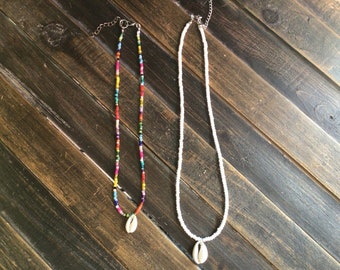 Beaded, cowrie shell, choker, necklace.