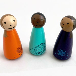 3 Large 3.5&quot; Wooden Peg Doll Girls - Ready To Ship