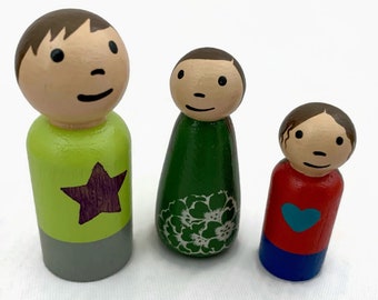 Set of 3 Wooden Peg Doll Kids - One Boy/Two Girls - Light Skin Tone - Ready to Ship