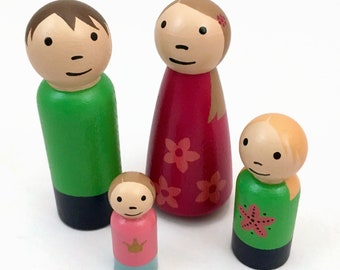 Peg Doll Family of Four with Two Girls and Light Skin Tone - Ready to Ship